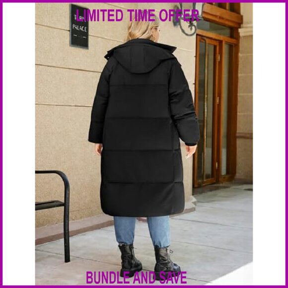 Plus Size Knee Length Winter Coat Windproof Fleece Lined Hooded Jacket - Picture 4 of 8
